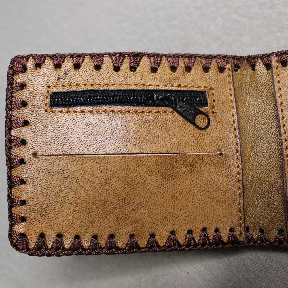 Tooled Leather Bifold Wallet Andean Llama Pan Flute Tan Brown Handcrafted